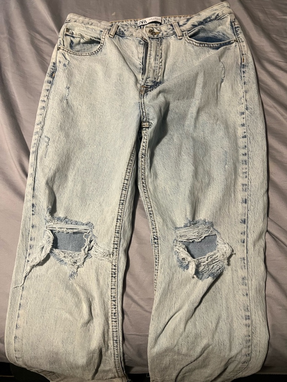 Zara Pale Blue Bootcut Jeans with Knee Rips
